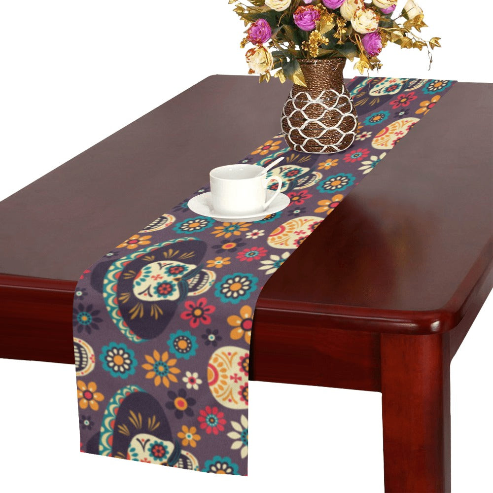 Sugar skulls flower maxican pattern Table Runner