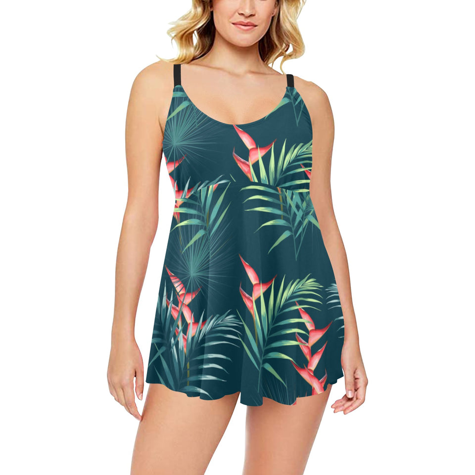 heliconia flowers, palm and monstera leaves on bla Chest Sexy Pleated Two Piece Swim Dress