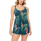 heliconia flowers, palm and monstera leaves on bla Chest Sexy Pleated Two Piece Swim Dress