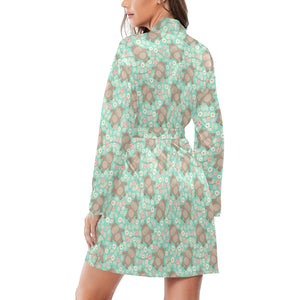 Hippopotamus Pattern Print Design 02 Women's Long Sleeve Belted Night Robe