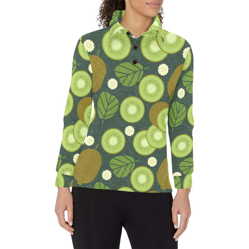 Whole sliced kiwi leave and flower Women's Long Sleeve Polo Shirt