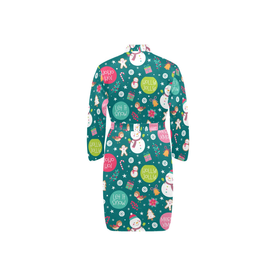 Snowman bird decorative elements christmas pattern Men's Long Sleeve Belted Night Robe