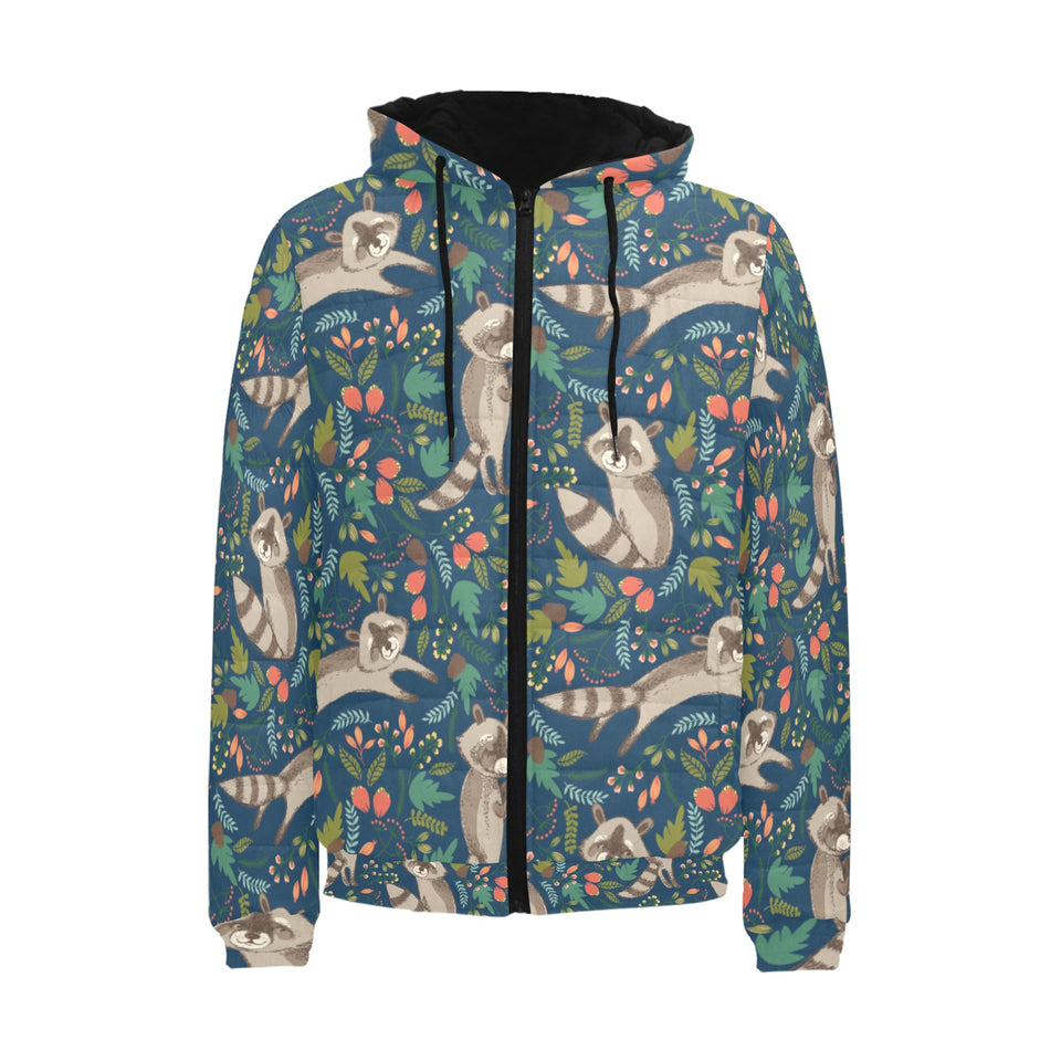 Raccoon tropical leaves pattern Men's Padded Hooded Jacket