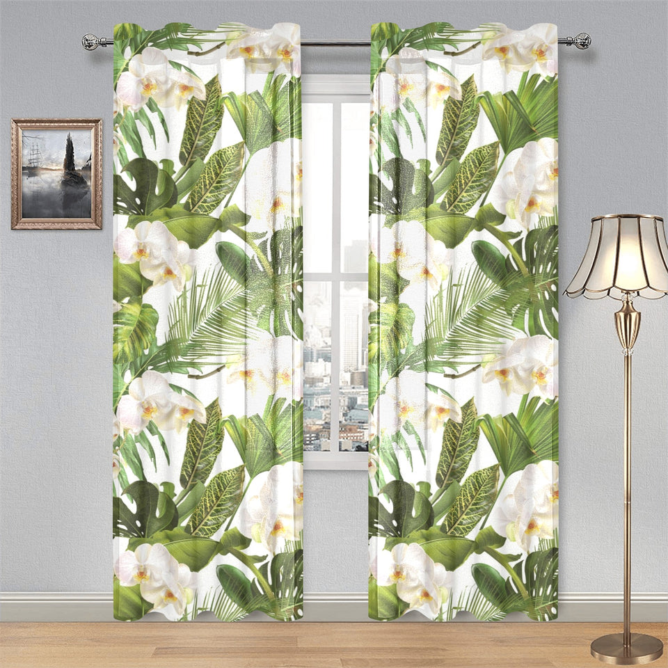 White orchid flower tropical leaves pattern Gauze Curtain