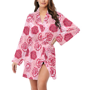 Rose Pattern Print Design 02 Women's Long Sleeve Belted Night Robe