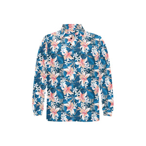 Hibiscus Pattern Print Design 02 Men's Long Sleeve Polo Shirt