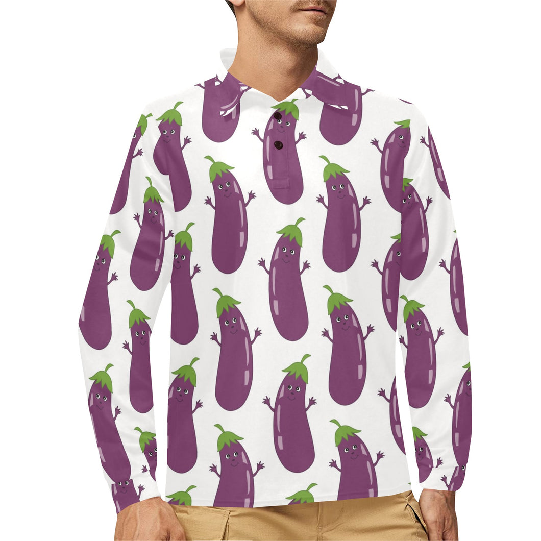Eggplant Pattern Print Design 01 Men's Long Sleeve Polo Shirt