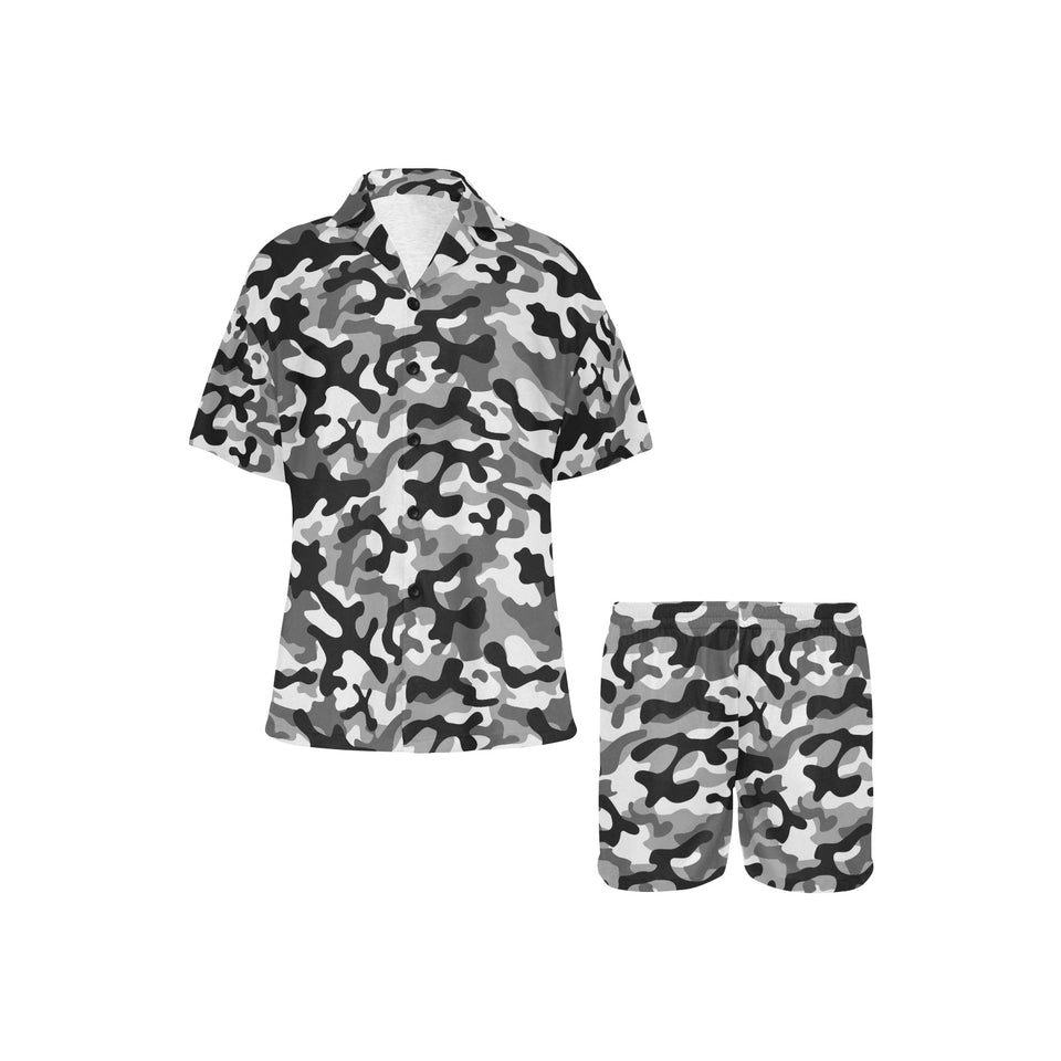 Black white camouflage pattern Women's V-Neck Short Pajama Set