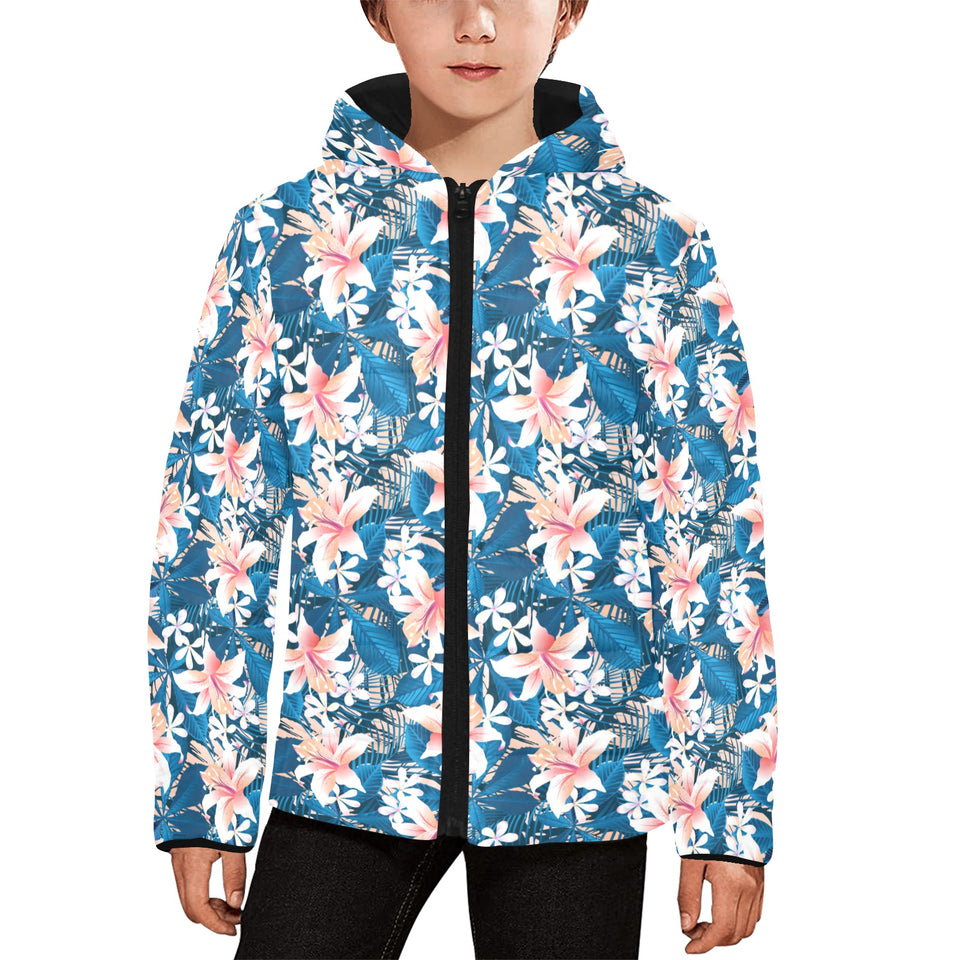 Hibiscus Pattern Print Design 02 Kids' Boys' Girls' Padded Hooded Jacket