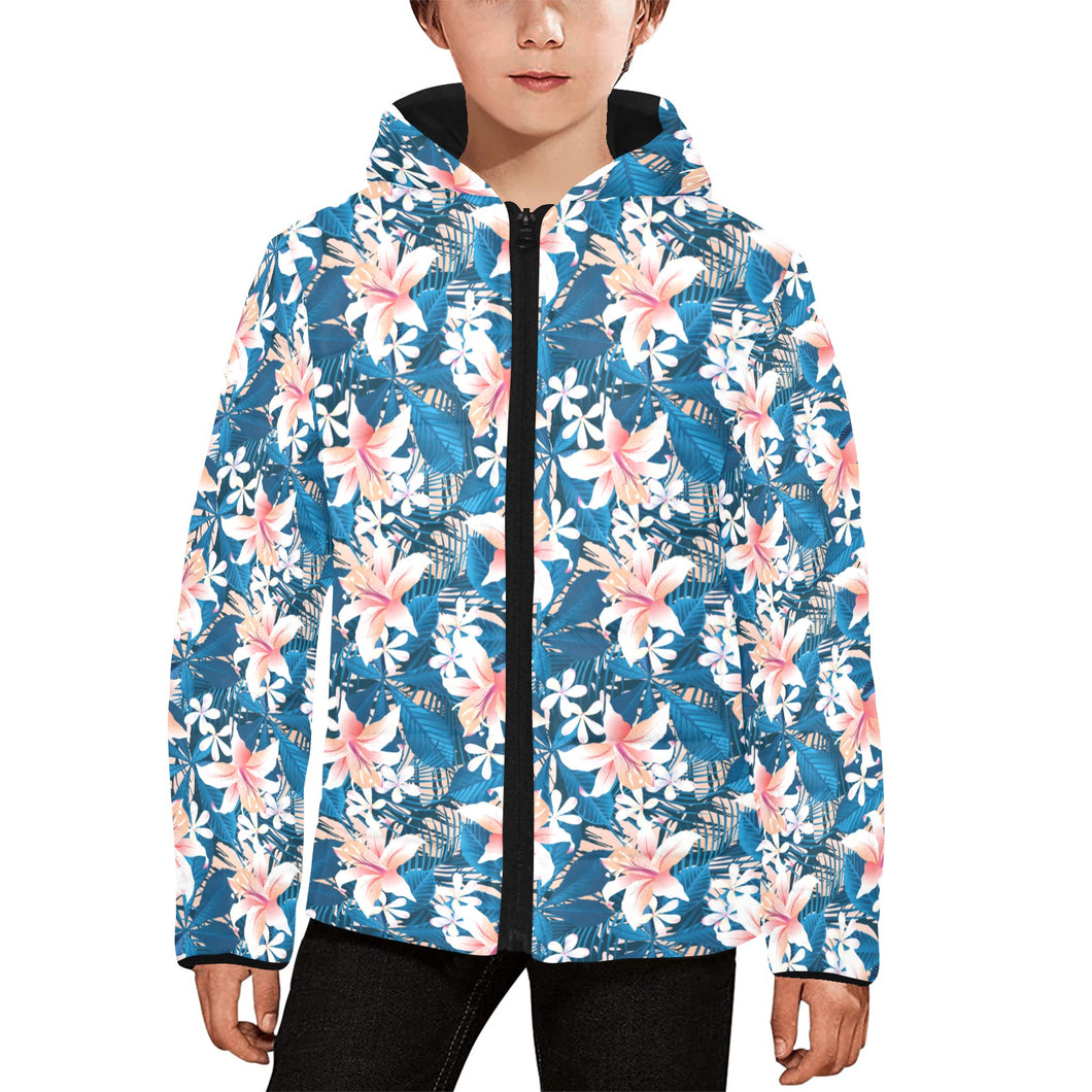 Hibiscus Pattern Print Design 02 Kids' Boys' Girls' Padded Hooded Jacket