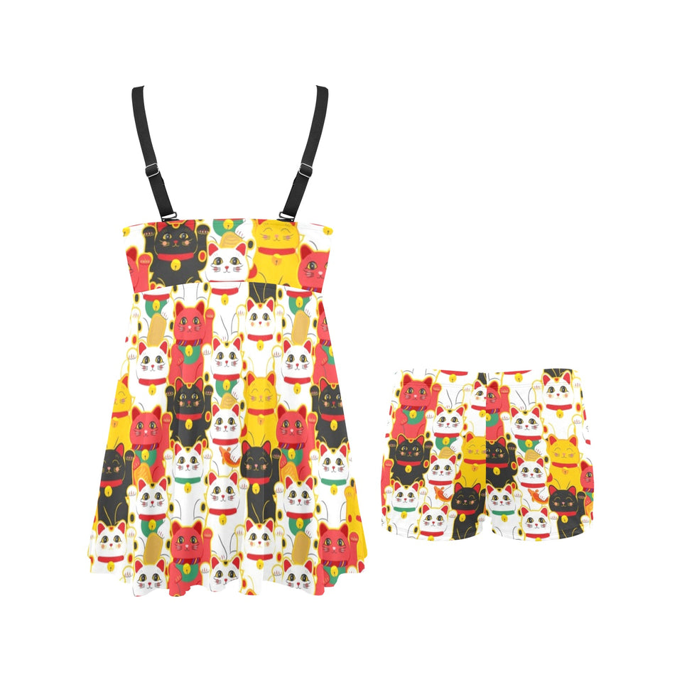 Colorful Maneki neko cat pattern Chest Sexy Pleated Two Piece Swim Dress