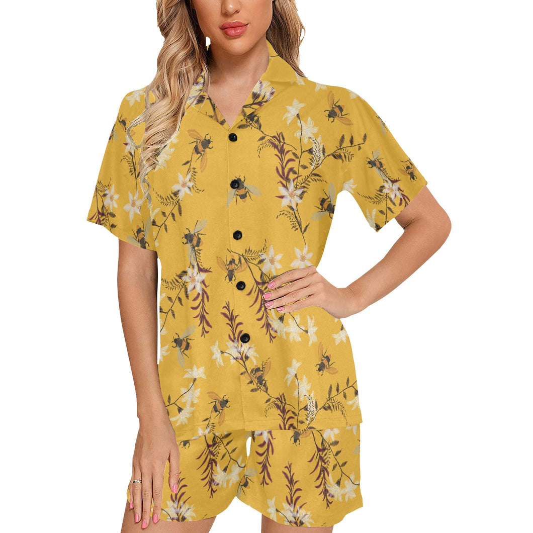 Bee flower pattern Women's V-Neck Short Pajama Set