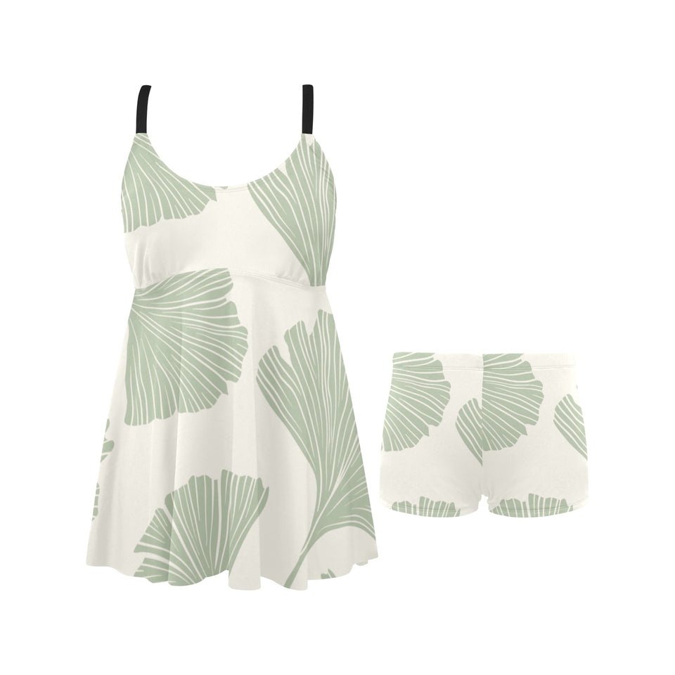 Ginkgo leaves pattern Chest Sexy Pleated Two Piece Swim Dress