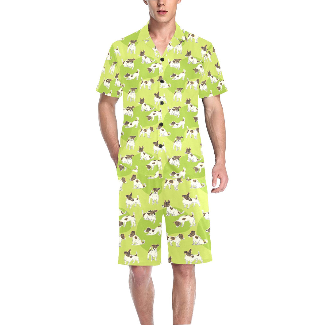 Jack Russel Pattern Print Design 01 Men's V-Neck Short Pajama Set