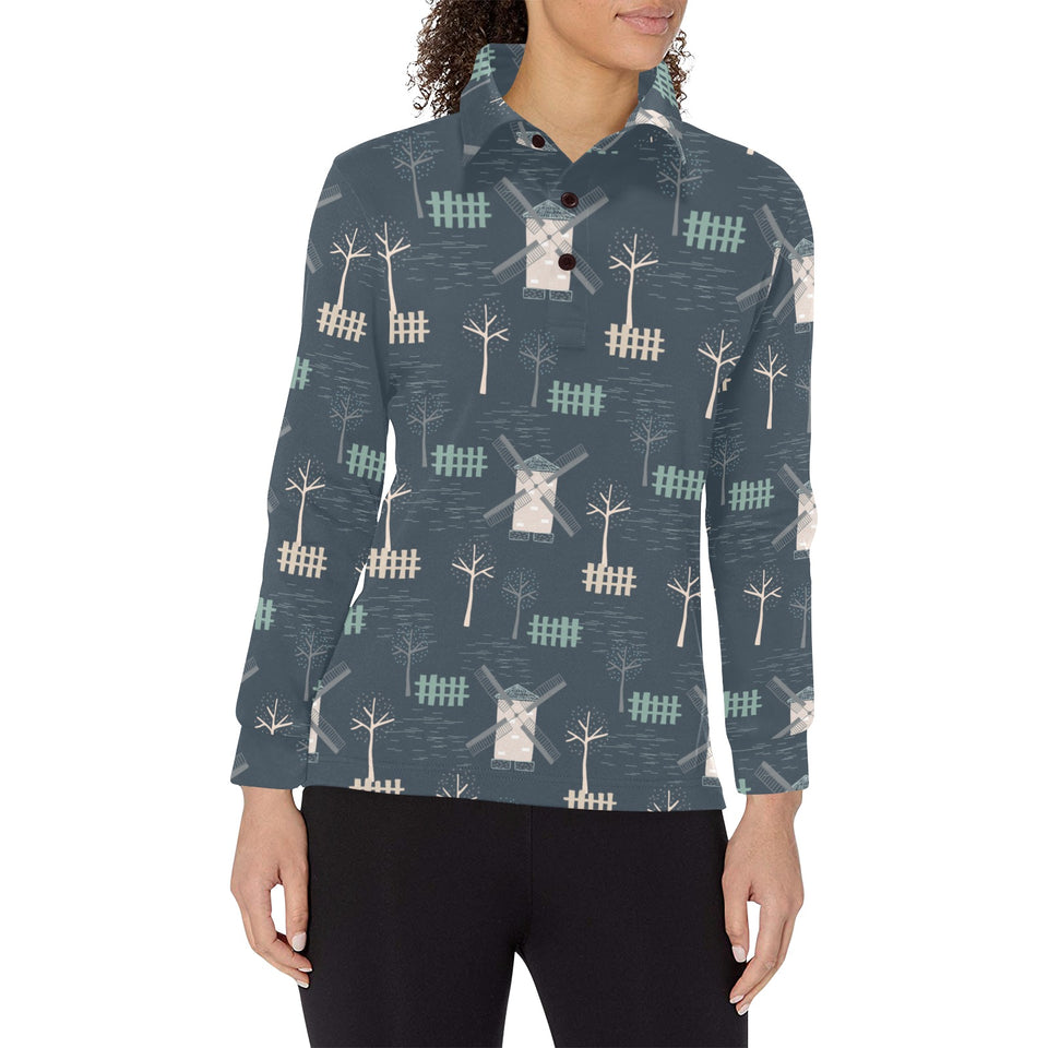 windmill tree pattern Women's Long Sleeve Polo Shirt