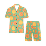 orange fruit pattern green background Men's V-Neck Short Pajama Set