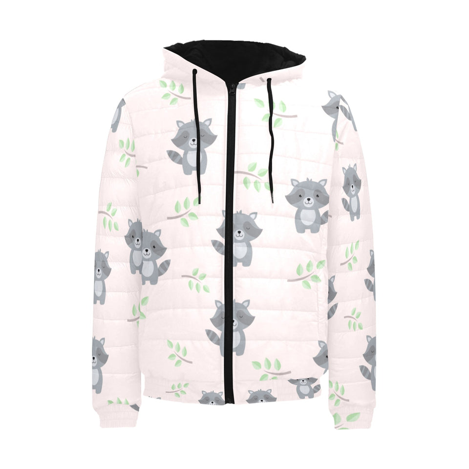 cute raccoons leaves pattern Men's Padded Hooded Jacket