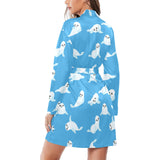 Cute sea lion seal pattern background Women's Long Sleeve Belted Night Robe