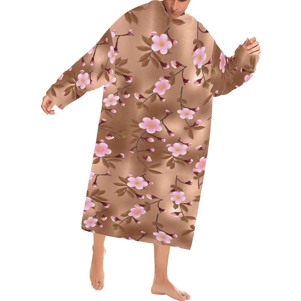 Pink sakura cherry blossom drak brown background Blanket Robe with Sleeves