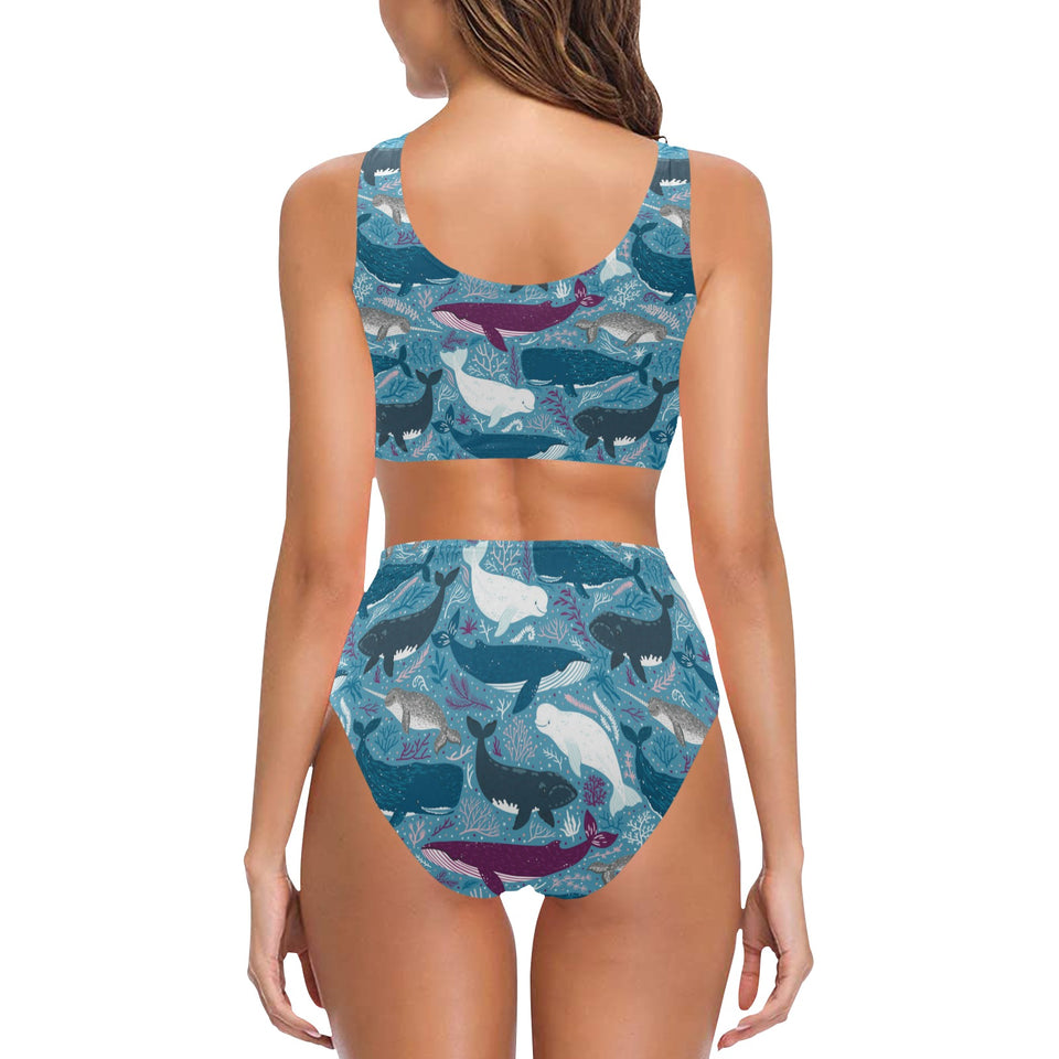 Whale design pattern Chest Bowknot High Waisted Bikini Swimsuit