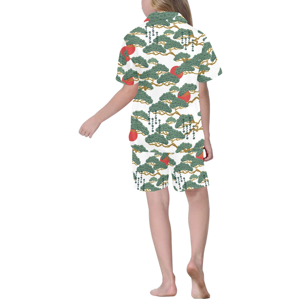 Bonsai red sun japanese pattern Kids' Boys' Girls' V-Neck Short Pajama Set