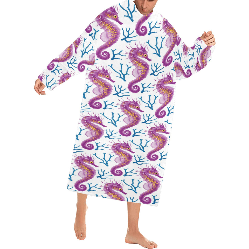 Purple seahorse blue coral pattern Blanket Robe with Sleeves