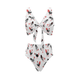 Cool rooster chicken cock floral ornament backgrou Chest Bowknot High Waisted Bikini Swimsuit