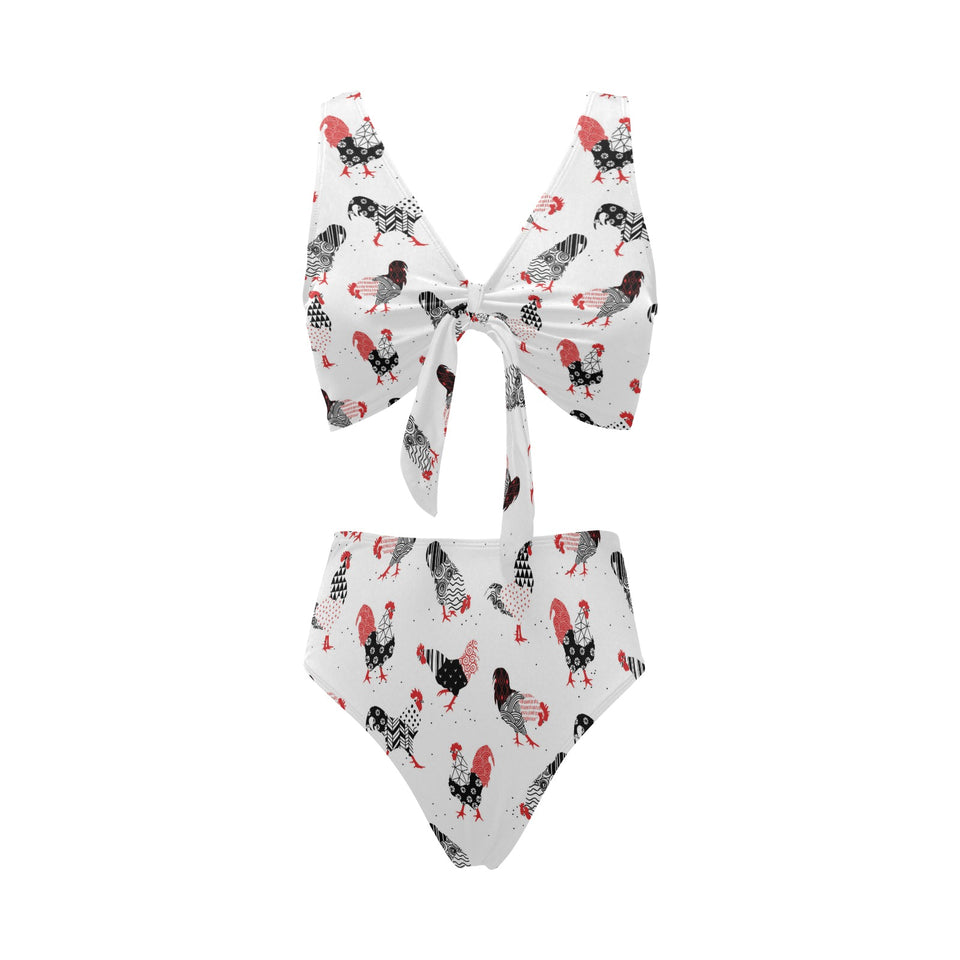 Cool rooster chicken cock floral ornament backgrou Chest Bowknot High Waisted Bikini Swimsuit