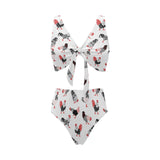 Cool rooster chicken cock floral ornament backgrou Chest Bowknot High Waisted Bikini Swimsuit