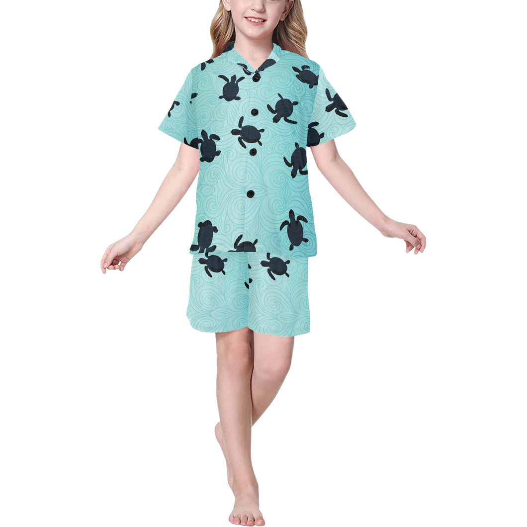Sea turtle with blue ocean backgroud Kids' Boys' Girls' V-Neck Short Pajama Set