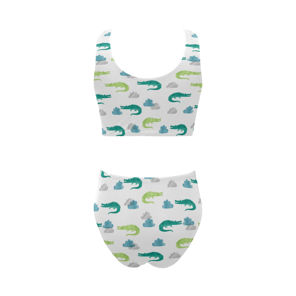 watercolor crocodile pattern Chest Bowknot High Waisted Bikini Swimsuit