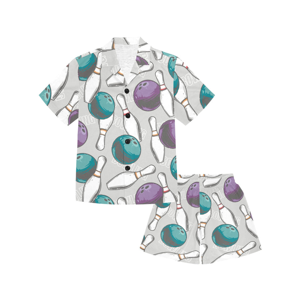 Bowling ball and pin gray background Kids' Boys' Girls' V-Neck Short Pajama Set