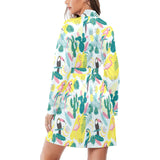 Cute parrot toucan flamingo cactus exotic leaves p Women's Long Sleeve Belted Night Robe