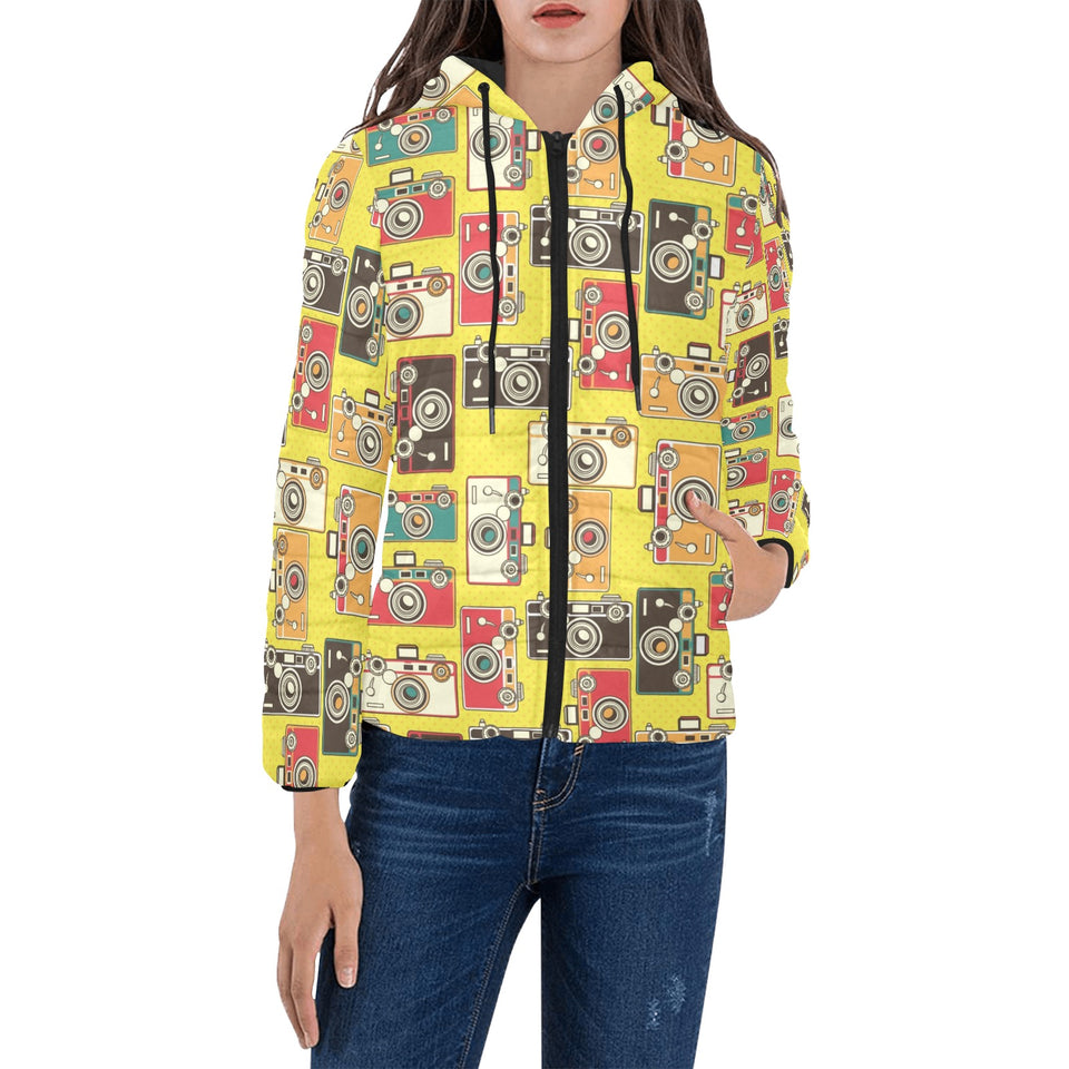 Camera Pattern Print Design 02 Women's Padded Hooded Jacket