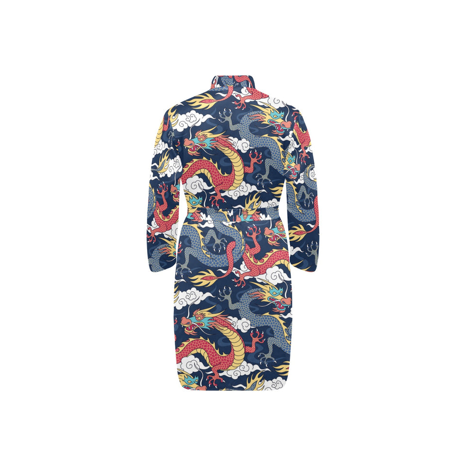 Blue red dragon cloud pattern Men's Long Sleeve Belted Night Robe