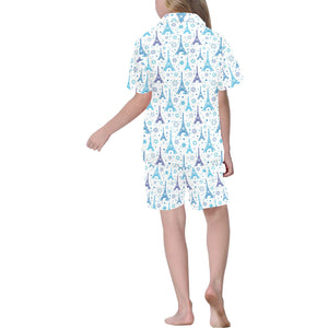 Blue Eiffel Tower Theme Pattern Print Design 01 Kids' Boys' Girls' V-Neck Short Pajama Set