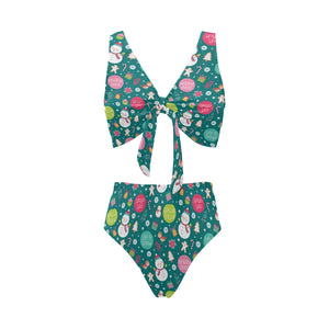 Snowman bird decorative elements christmas pattern Chest Bowknot High Waisted Bikini Swimsuit