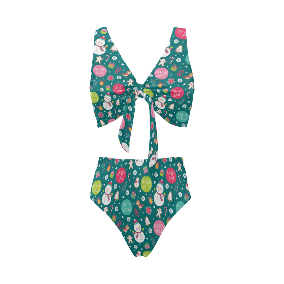 Snowman bird decorative elements christmas pattern Chest Bowknot High Waisted Bikini Swimsuit