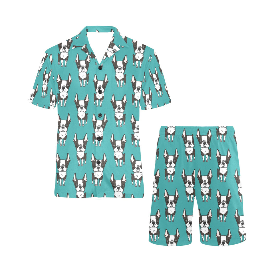 Hand drawn boston terrier dog pattern Men's V-Neck Short Pajama Set