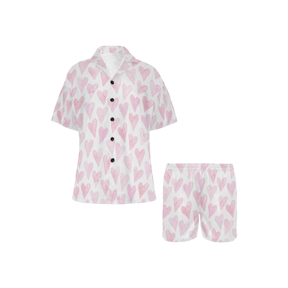 Watercolor pink heart pattern Women's V-Neck Short Pajama Set