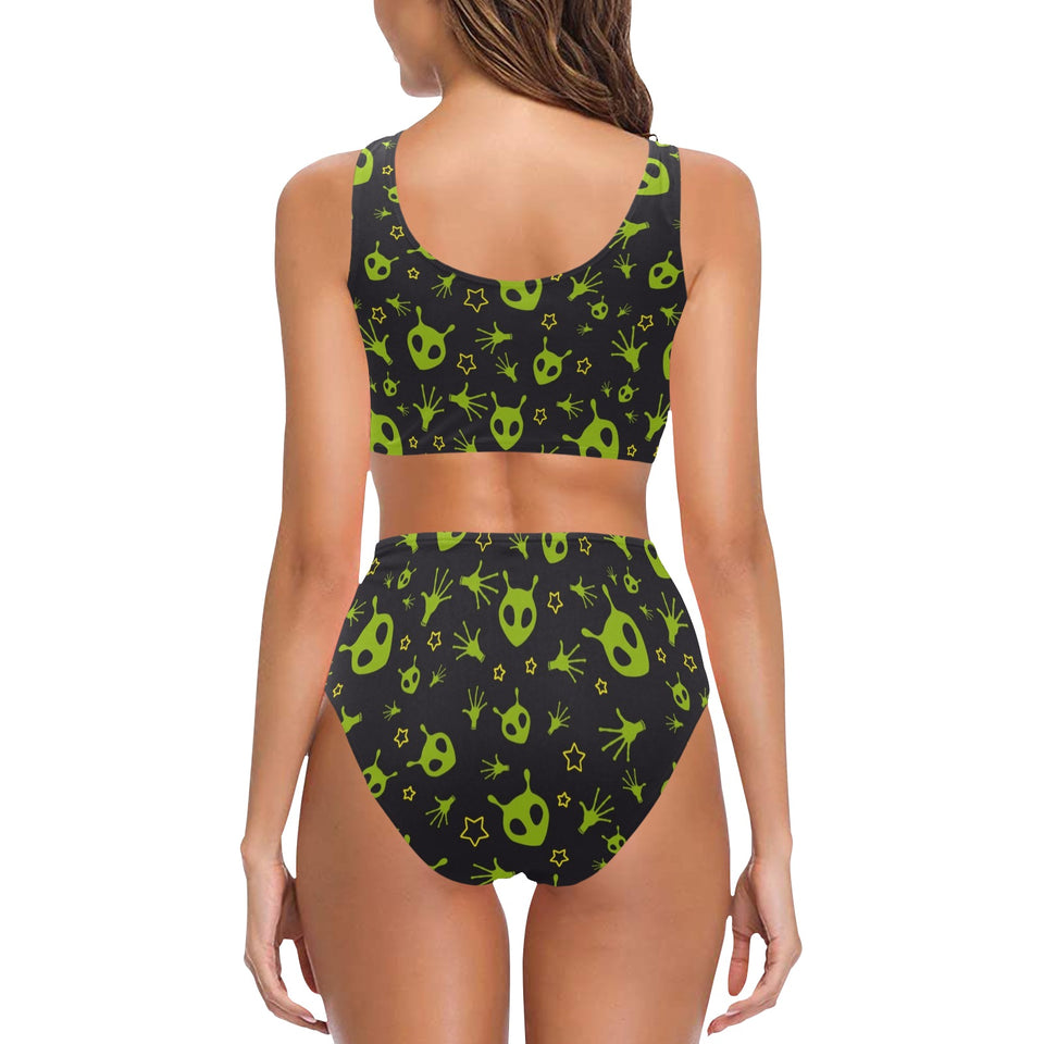 Alien Pattern Print Design 02 Chest Bowknot High Waisted Bikini Swimsuit