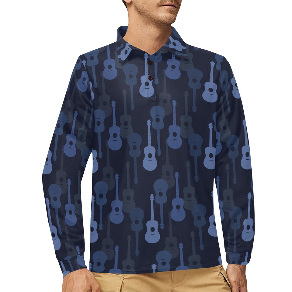 Blue Theme guitar pattern Men's Long Sleeve Polo Shirt