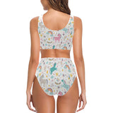 Colorful unicorn pattern Chest Bowknot High Waisted Bikini Swimsuit