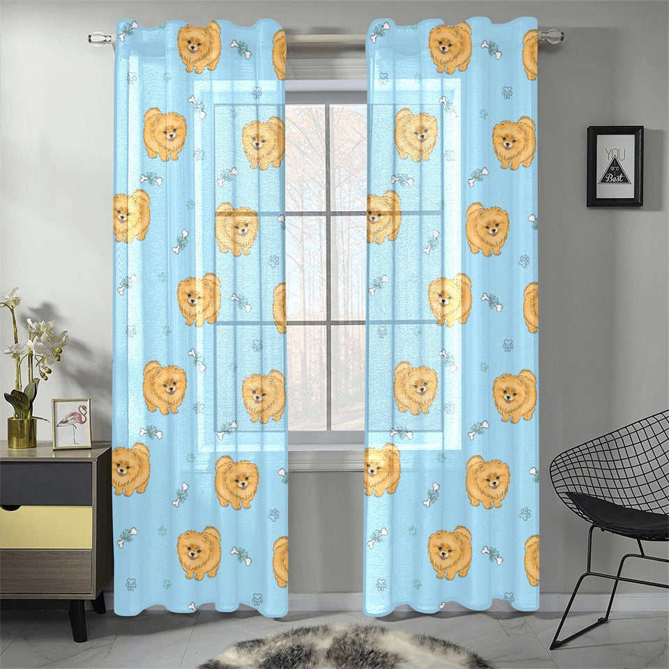 Brown cute pomeranian blue blackground Gauze Curtain