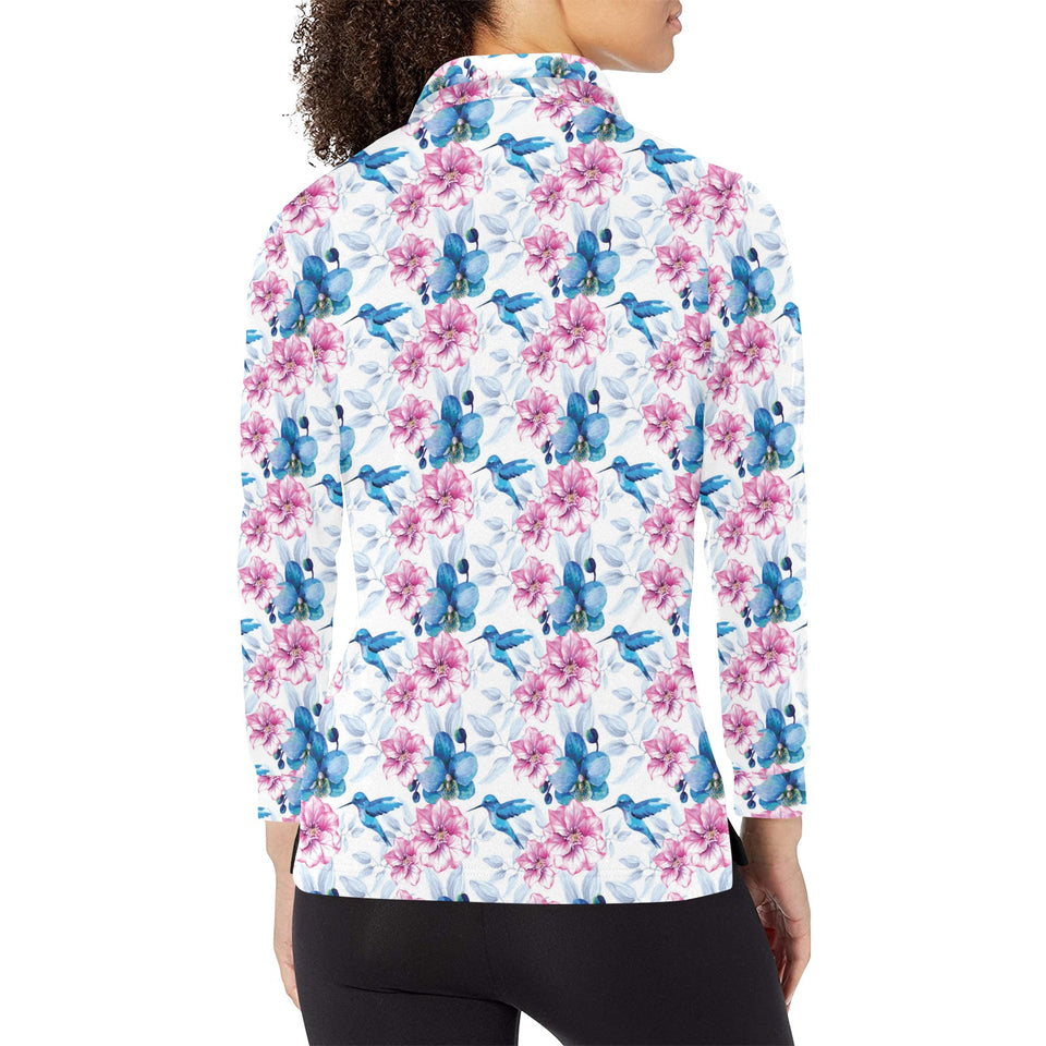 Hummingbird Pattern Print Design 02 Women's Long Sleeve Polo Shirt