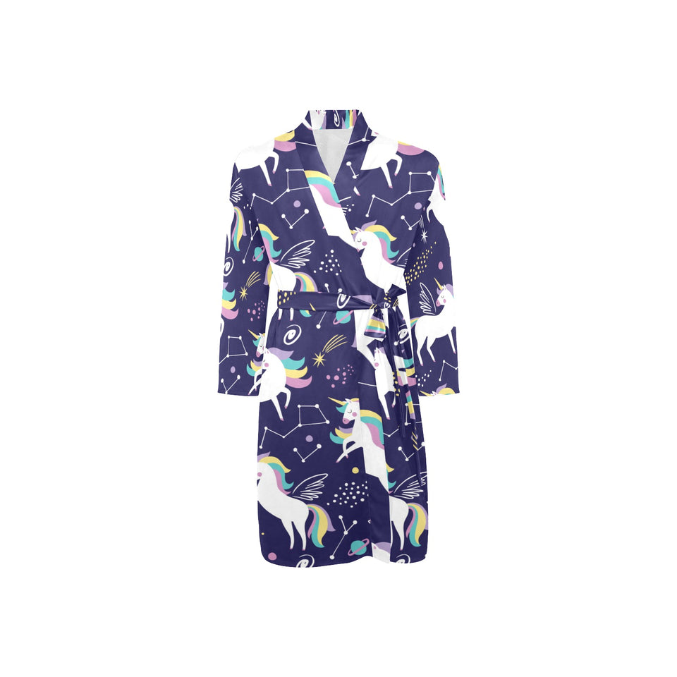 Hand drawn cute unicorn star planet Men's Long Sleeve Belted Night Robe