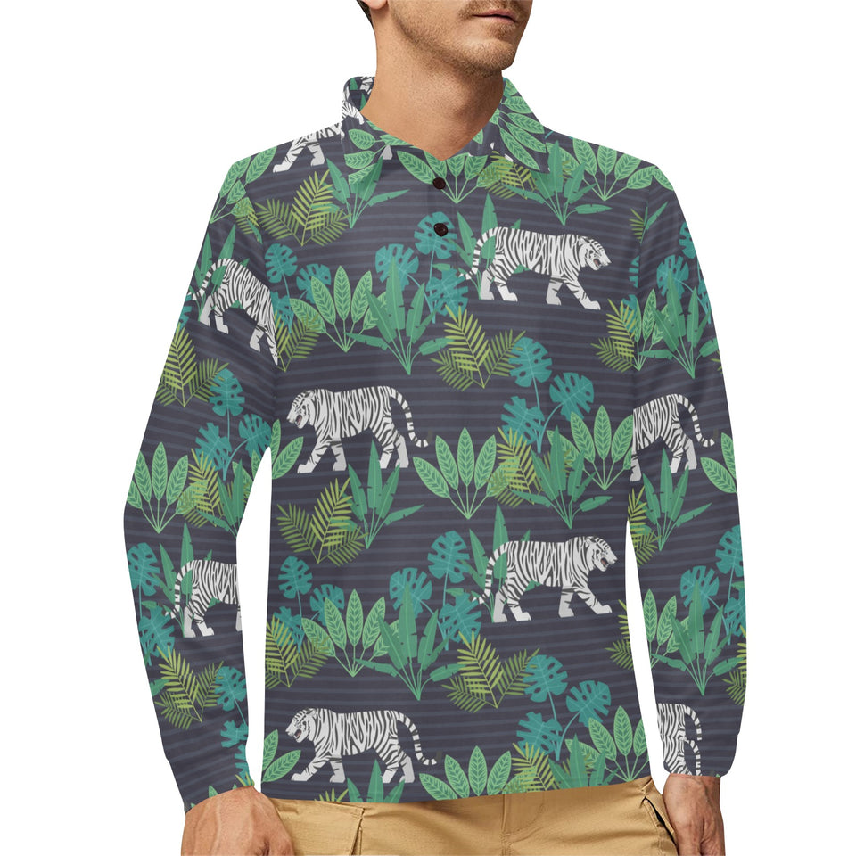 white bengal tigers tropical plant Men's Long Sleeve Polo Shirt