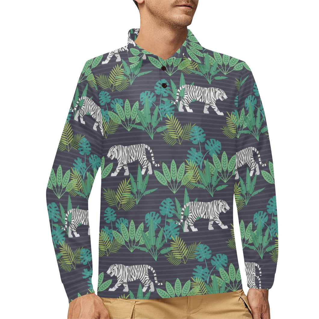 white bengal tigers tropical plant Men's Long Sleeve Polo Shirt