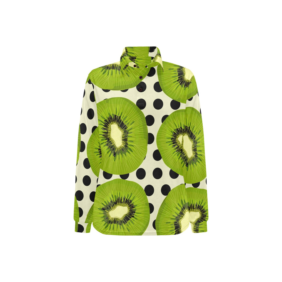 kiwi black dot background Women's Long Sleeve Polo Shirt