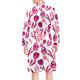 pink sketch tulip pattern Men's Long Sleeve Belted Night Robe